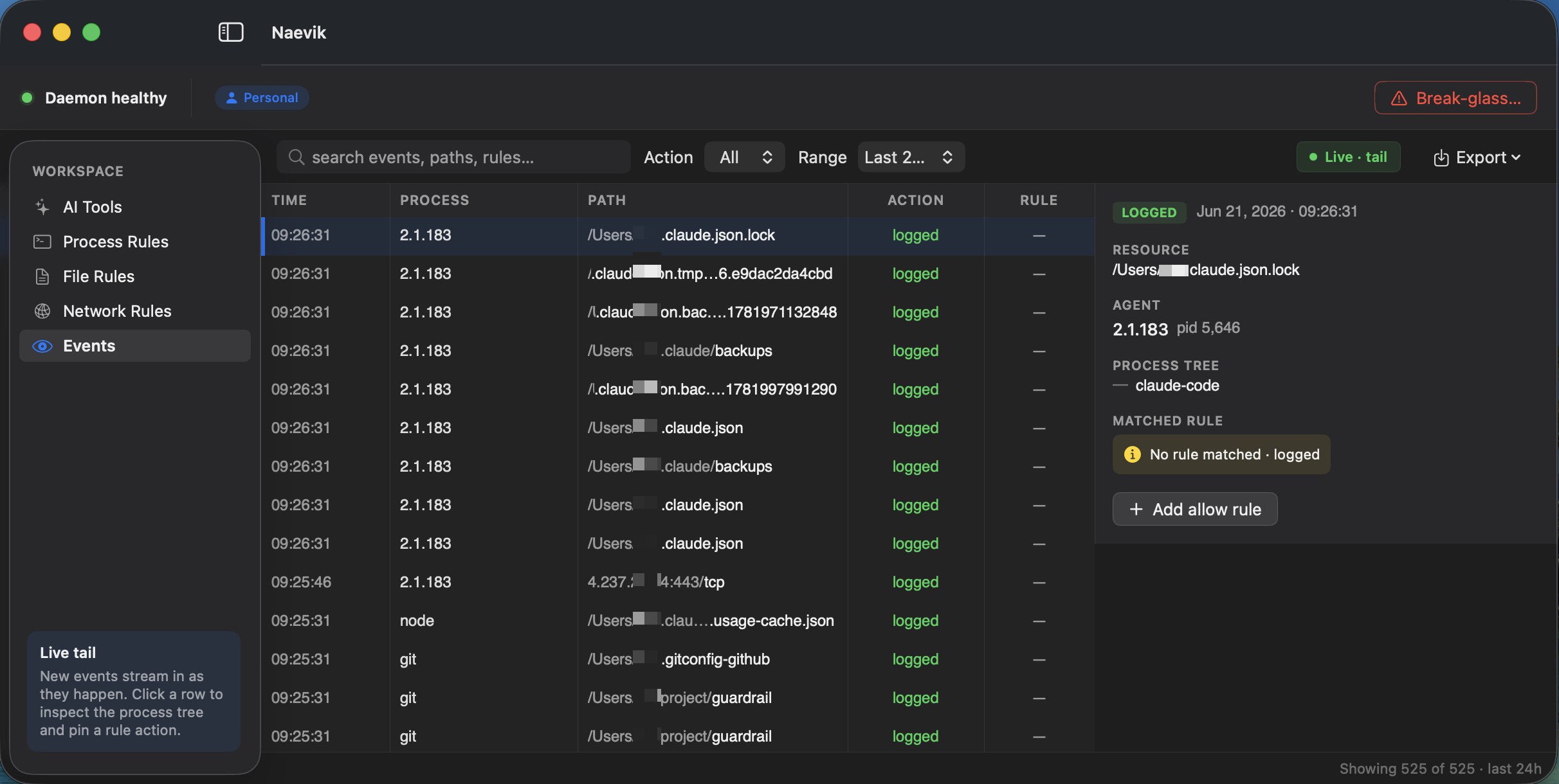Naevik Events audit list on macOS with process tree