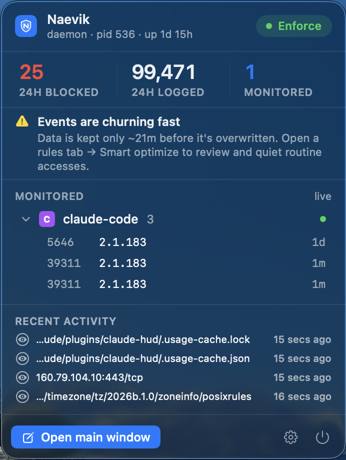 Naevik menu-bar panel on macOS showing daemon status and recent activity